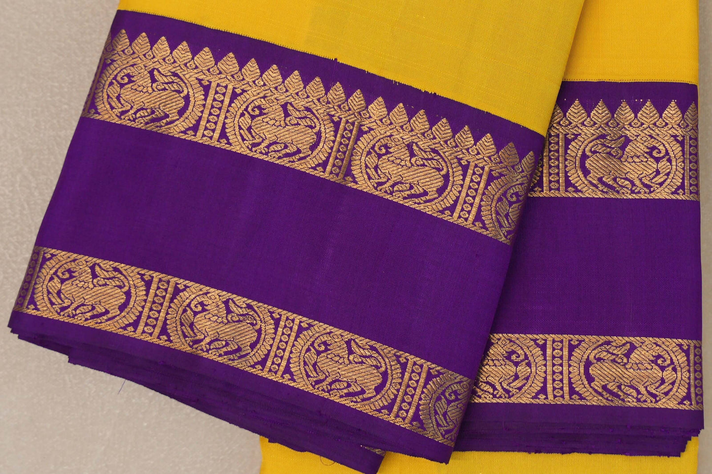 Bright Yellow with Purple Rettai Pettu Borders Vintage Kanjivaram Silk Saree SS9072