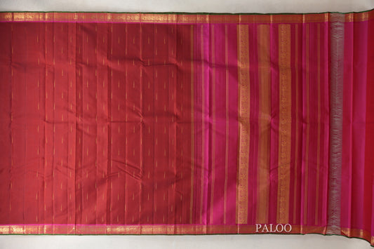 Brick Red with Pink with Bottle Green Selvedge Borders Vintage Kanjivaram Silk Saree paloo