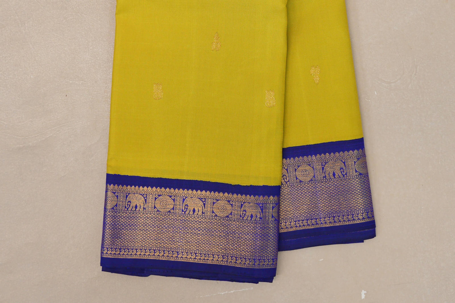 Mango Yellow with Deep Blue Borders Vintage Kanjivaram Silk Saree SS9077