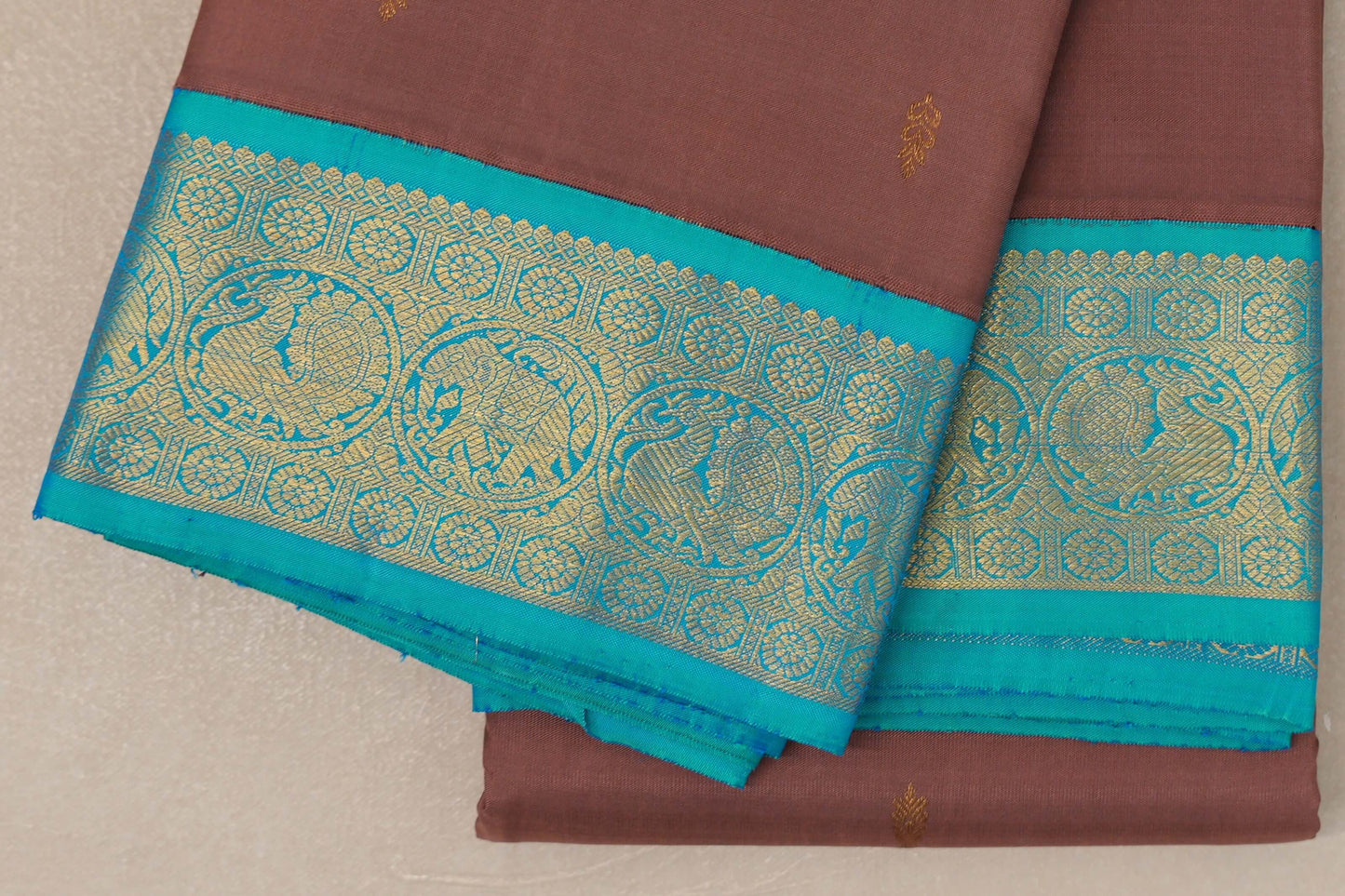 Earthy Brown with Aqua Blue Borders Vintage Kanjivaram Silk Saree SS9080