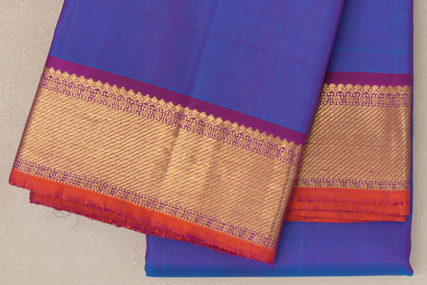 Dual Tone Blue and Purple with Magenta Borders and Orange Selvedge Vintage Kanjivaram Silk Saree SS9081