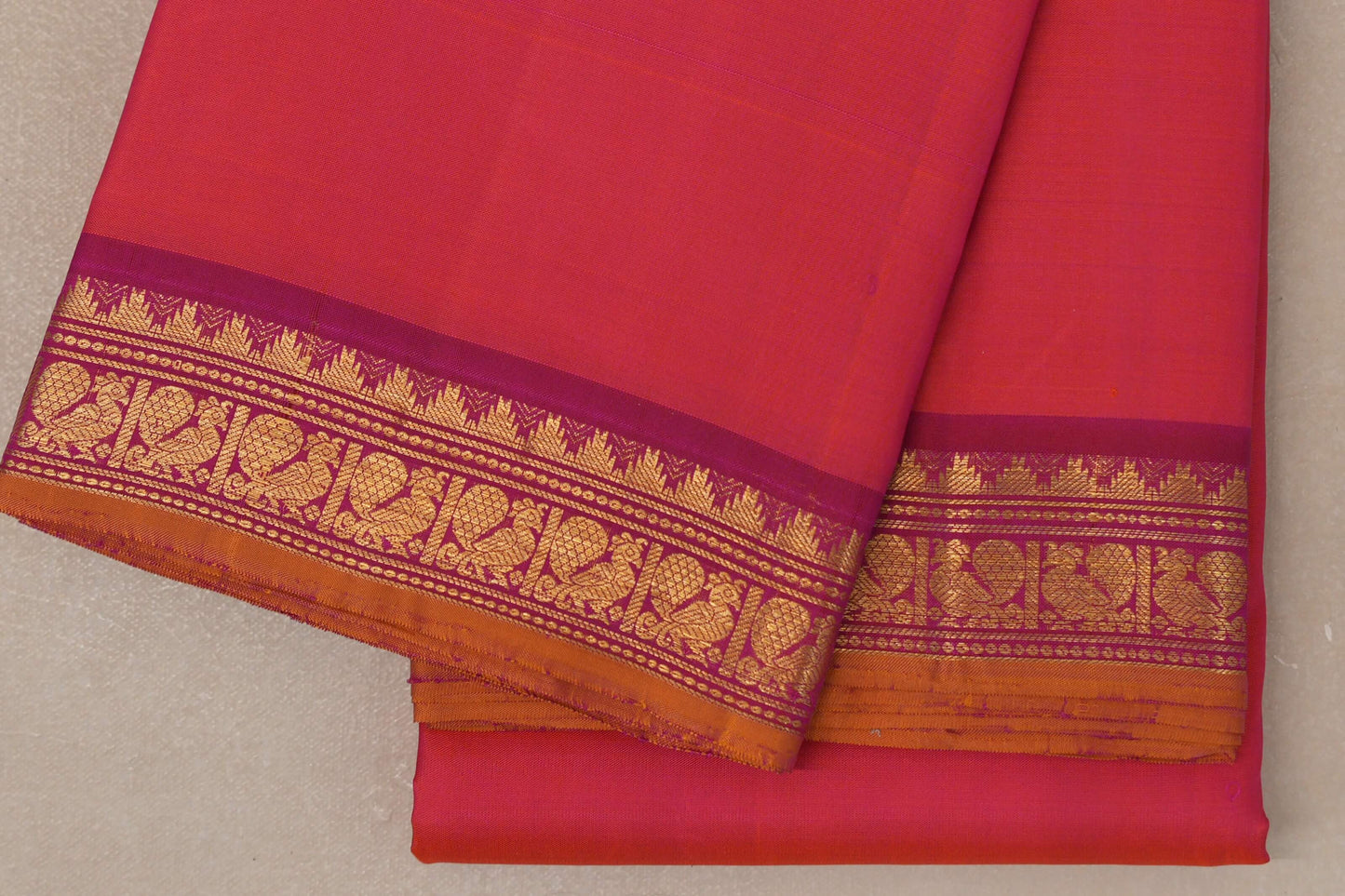 Orangish Pink with Bright Pink Borders and Mustard Selvedge Vintage Kanjivaram Silk Saree SS9082