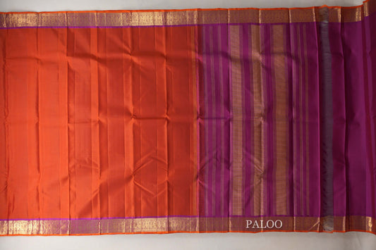 Reddish Orange with Magenta Borders and Orange Selvedge Vintage Kanjivaram Silk Saree SS9084