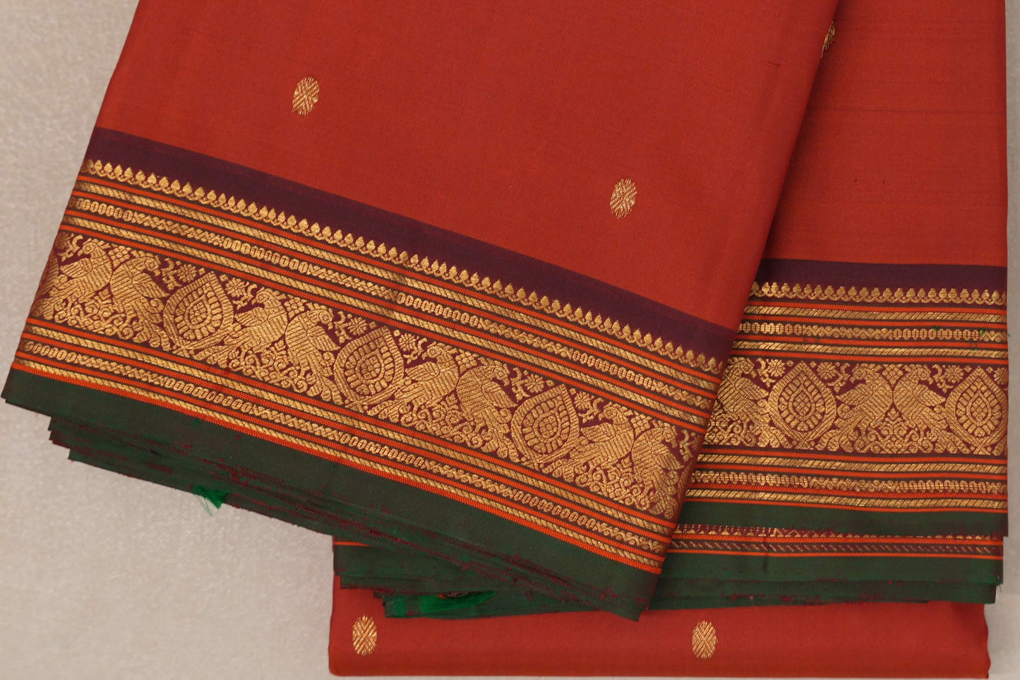Rust Orange with Deep Maroon Borders and Dark Green Selvedge Vintage Kanjivaram Silk Saree SS9086