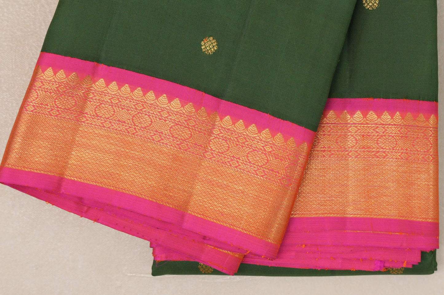 Dark Moss Green with Bright Pink Borders Vintage Kanjivaram Silk Saree SS9088