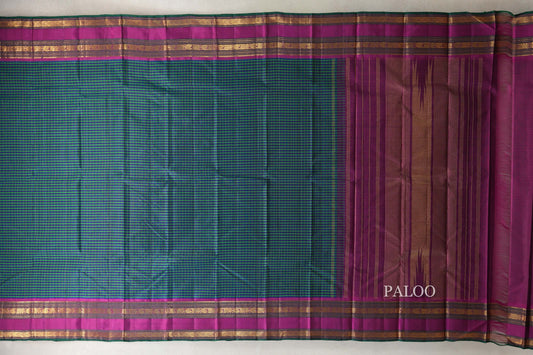 Deep Blue with Green Stripes with Deep Magenta with Green Selvedge Rettai Pettu Borders Vintage Kanjivaram Silk Saree paloo