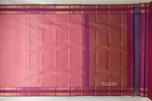 Salmon Pink with Dual Tone of Violet and Orange with Dark Green Selvedge Rettai Pettu Borders Vintage Kanjivaram Silk Saree paloo