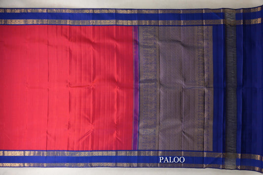 Pinkish Red with Deep Classic Blue Rettai Pettu Borders Plant Based Kanjivaram Silk Saree paloo