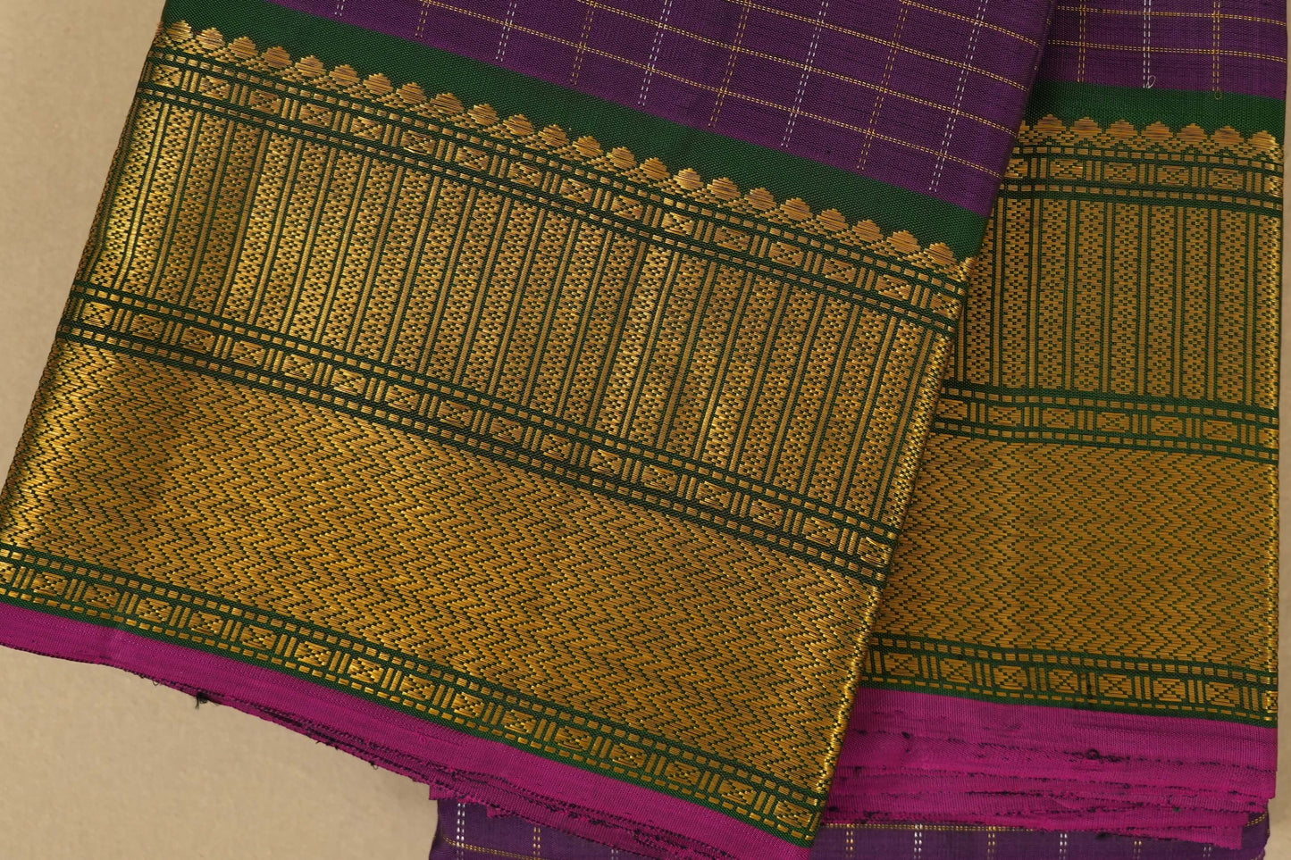 Purple Zari Checks with Selvedge Green Borders Kanjivaram Silk Saree borders zoom