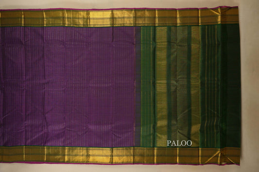 Purple Zari Checks with Selvedge Green Borders Kanjivaram Silk Saree paloo