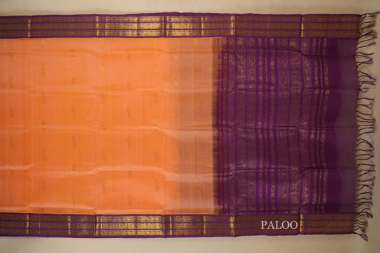 Peach with Purple Borders Silk Cotton Saree paloo