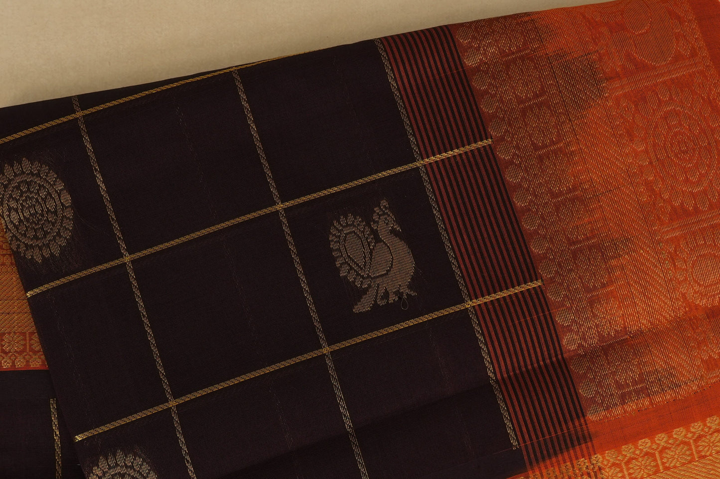 Dark Coffee Brown checks Nine and a half Yards Silk Cotton Saree body