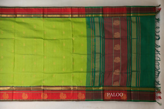 Parrot Green with Bright Red Borders Vintage Silk Cotton Saree SS9120