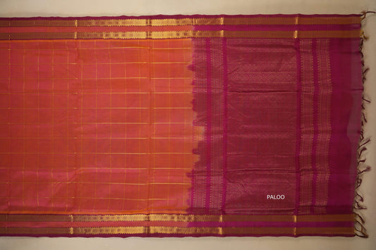 Orange with Pink Dual Tone Nine and a half Yards Silk Cotton Saree paloo