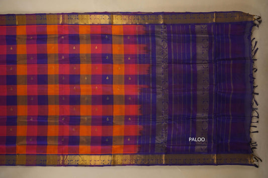 Multi color checks Nine and a half Yards Silk Cotton Saree paloo