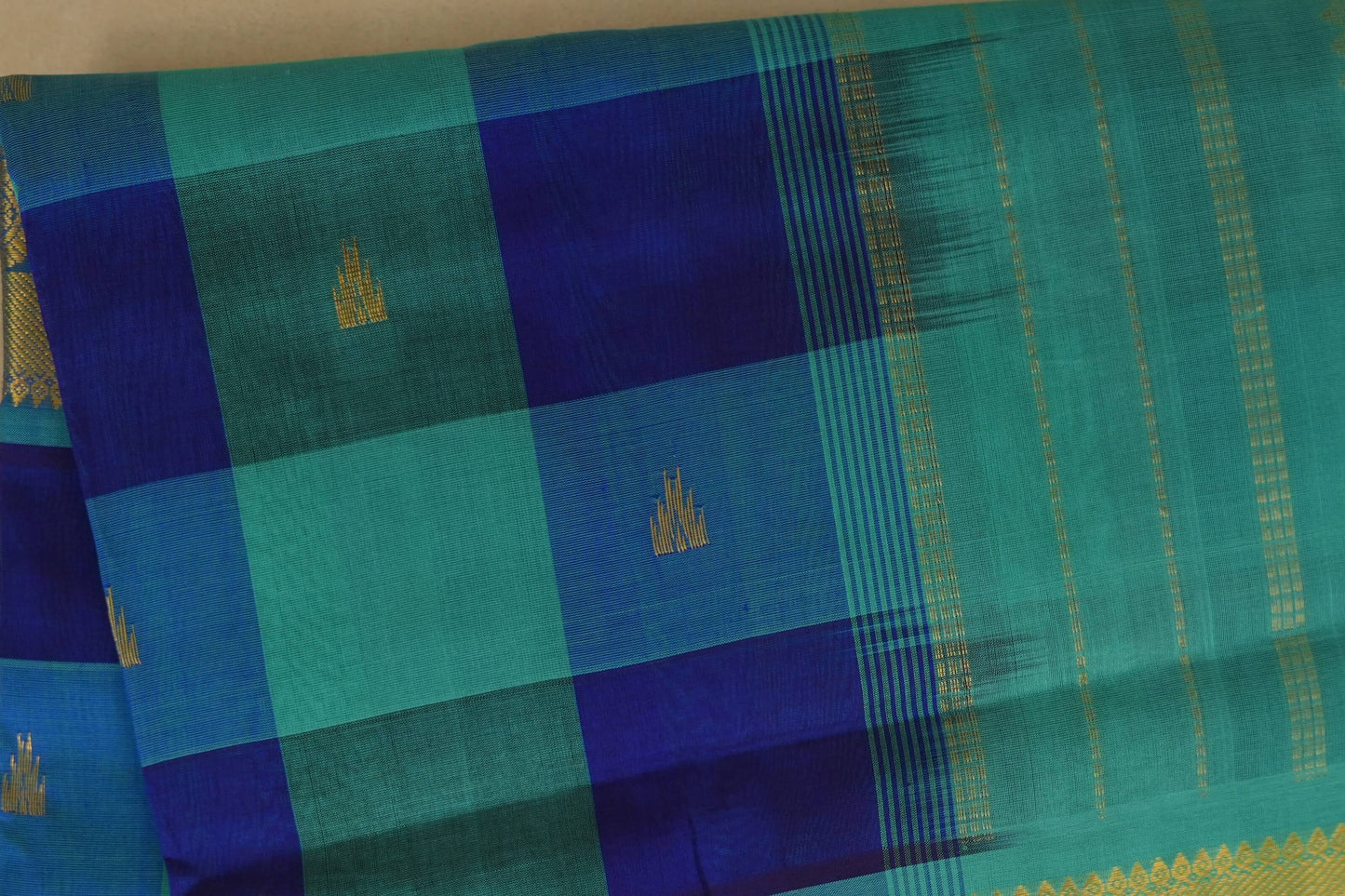 Multi color checks with rama blue paloo Nine and a half Yards Silk Cotton Saree body