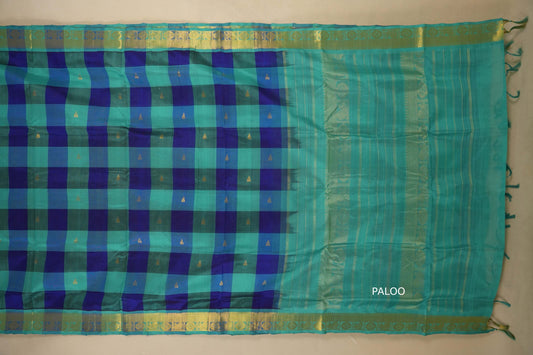 Multi color checks with rama blue paloo Nine and a half Yards Silk Cotton Saree paloo