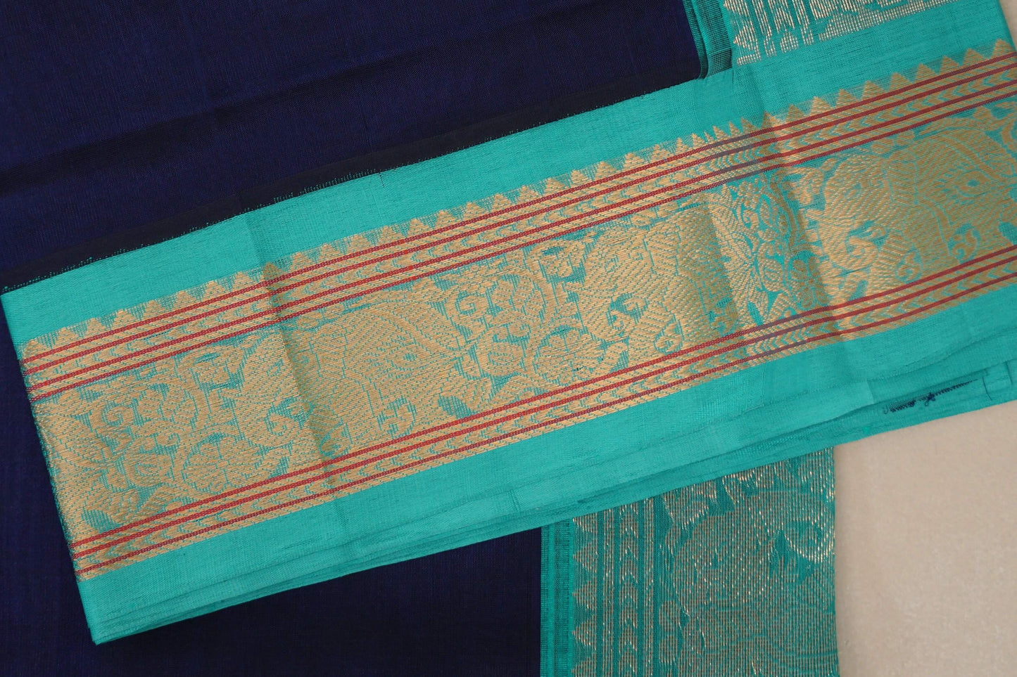Deep Navy Blue with Aqua Blue Borders Vintage Silk Cotton Saree SS9125