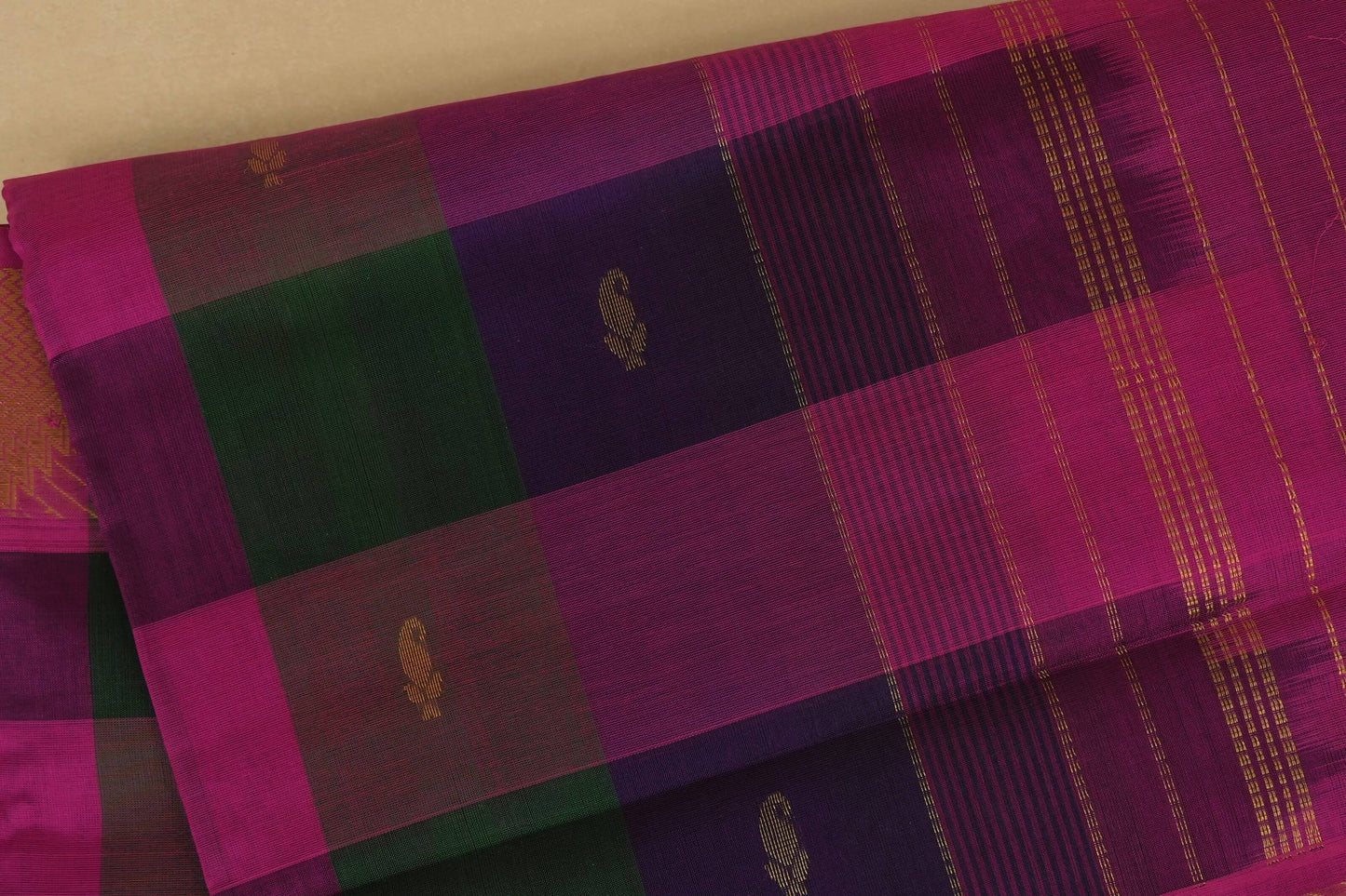 Multi color checks with pink paloo Nine and a half Yards Silk Cotton Saree body