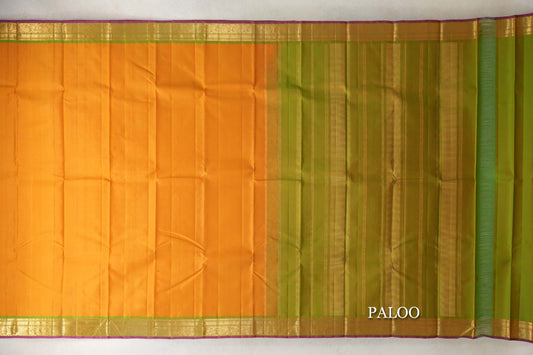 Mango Orange with Light Leaf Green with Deep Magenta Selvedge Borders Vintage Kanjivaram Silk Saree paloo