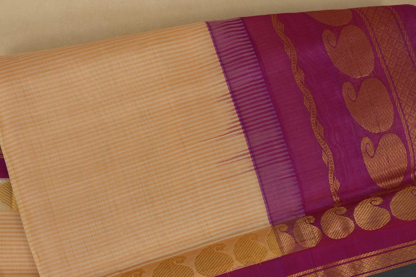 Beige with pink Nine and a half Yards Silk Cotton Saree body