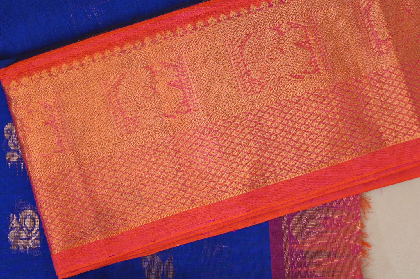 Deep Blue with Orangish Pink Borders Vintage Silk Cotton Saree SS9133