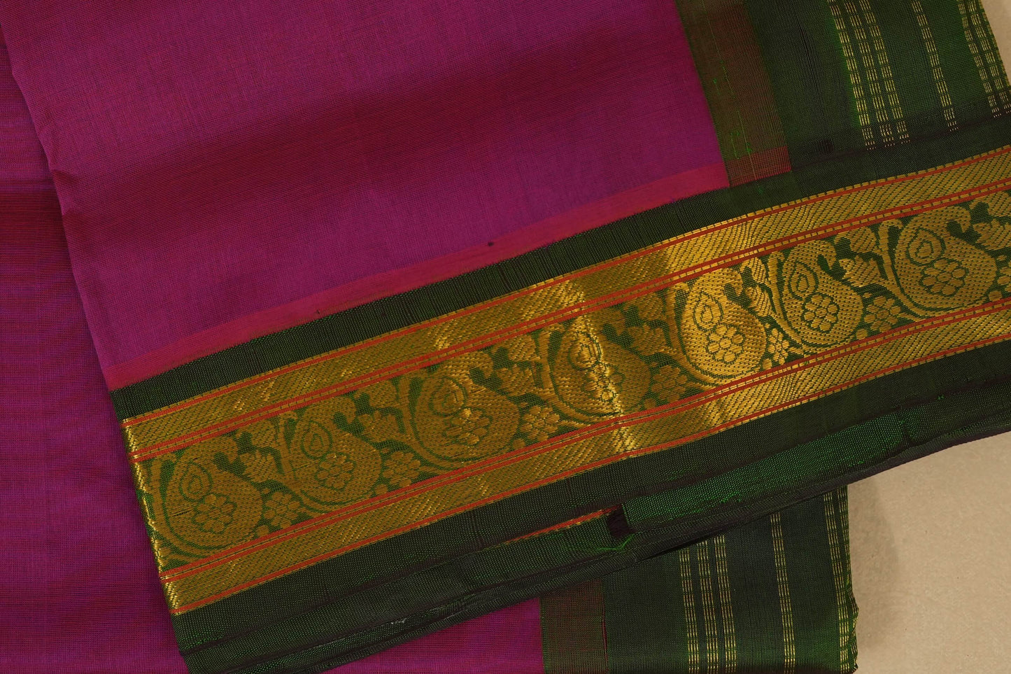 Magenta with green Nine and a half Yards Silk Cotton Saree borders