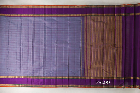 Grey with Violet Purple with Mustard Selvedge Rettai Pettu Borders Vintage Kanjivaram Silk Saree paloo