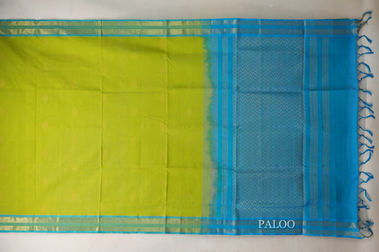 Bright Leaf Green with Aqua Blue Borders Vintage Silk Cotton Saree SS9140