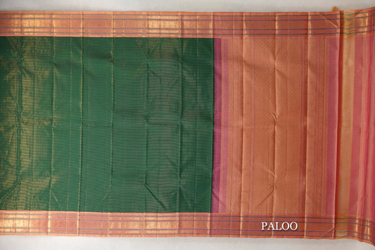 Dark Bottle Green Vaira Oosi with Dual Tone of Yellow and Pink Borders Vintage Kanjivaram Silk Saree paloo