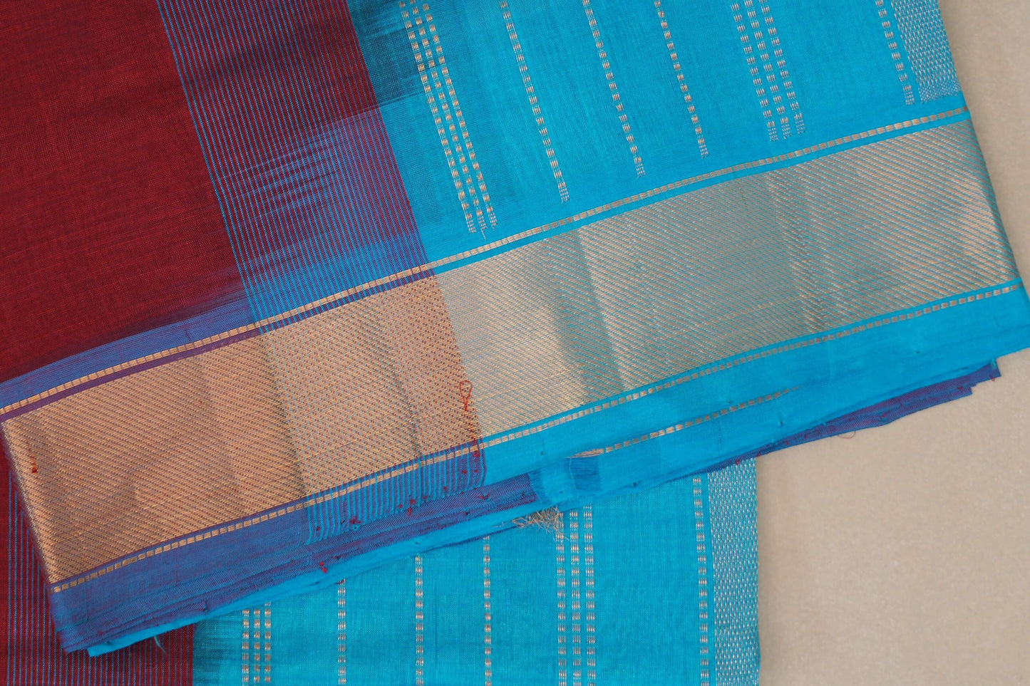 Reddish Maroon with Sky Blue Borders Vintage Silk Cotton Saree SS9143