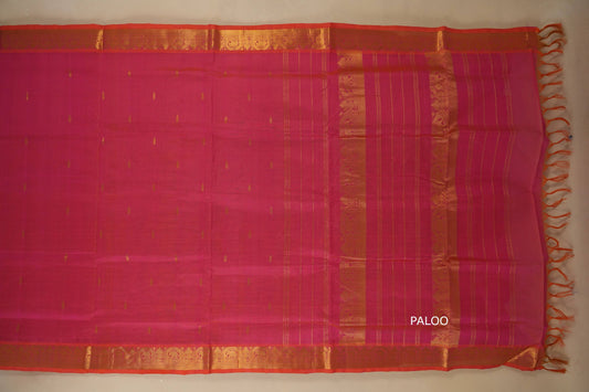Orange with Pink Dual Tone Nine and a half Yards Silk Cotton Saree paloo
