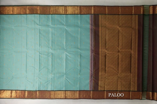Pastel Sea Green with Dual Tone of Deep Bottle Green and Maroon Borders Vintage Kanjivaram Silk Saree paloo