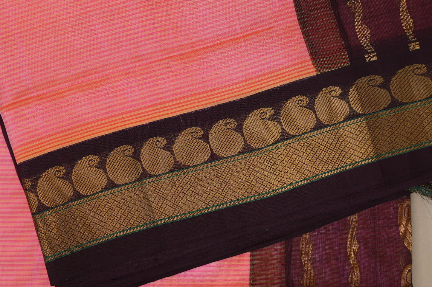 Peach pink with Deep plum Nine and a half Yards Silk Cotton Saree SS9147