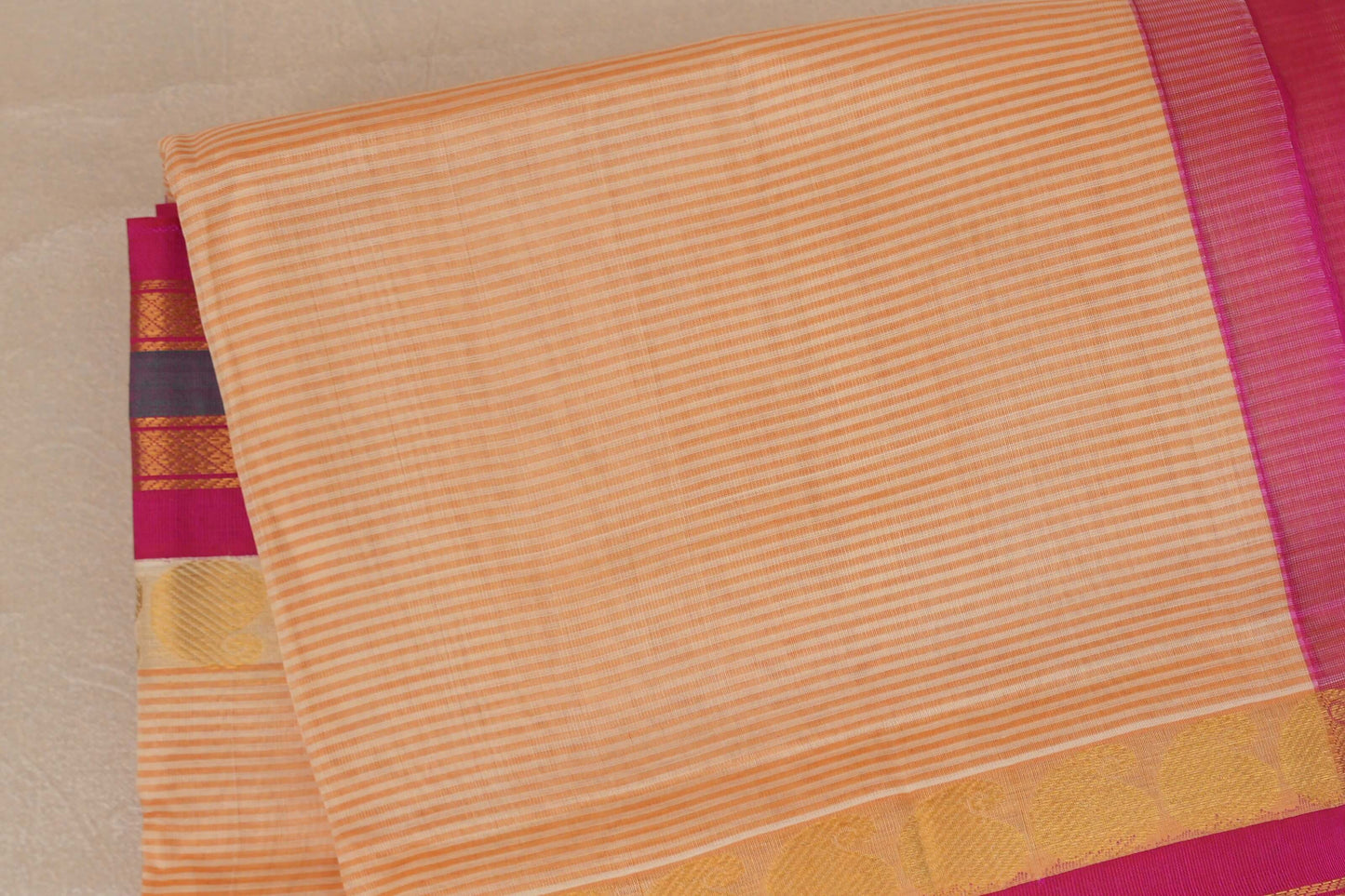 Sandal with Bright pink Nine and a half Yards Silk Cotton Saree SS9148