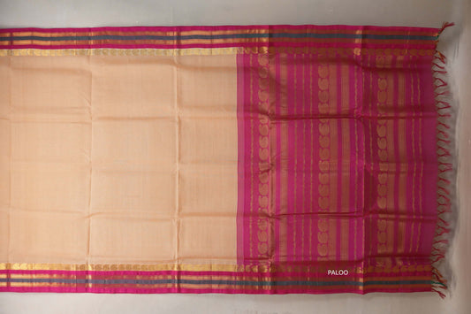 Sandal with Bright pink Nine and a half Yards Silk Cotton Saree SS9148