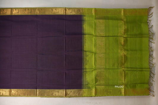Deep purple with Bright Leaf Green Nine and a half Yards Silk Cotton Saree SS9153
