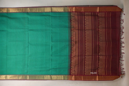 Emerald Green with Reddish Maroon Nine and a half Yards Silk Cotton Saree SS9156