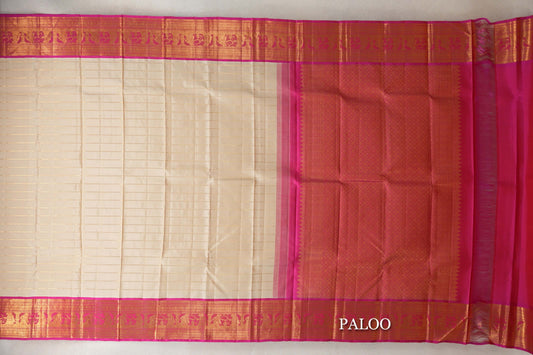 Cream with Bright Rani Pink Borders Vintage Kanjivaram Silk Saree paloo