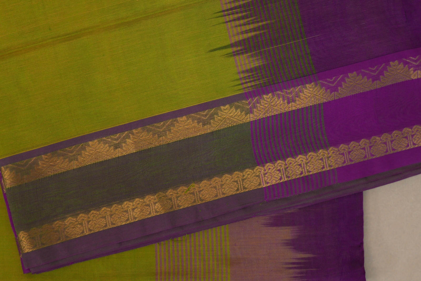 Yellowish Green with Purple Nine and a half Yards Silk Cotton Saree SS9162