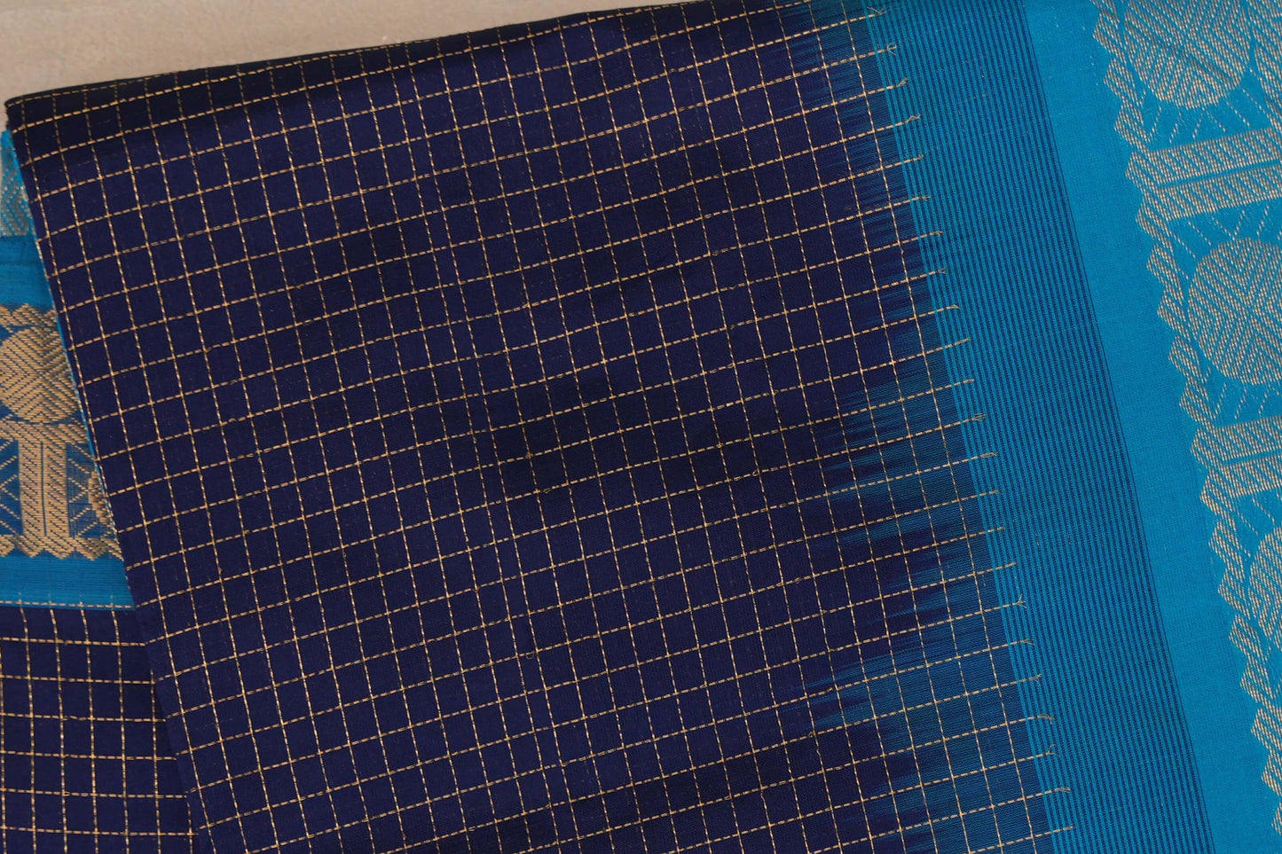 Deep Navy Blue with aqu blue Nine and a half Yards Silk Cotton Saree SS9164