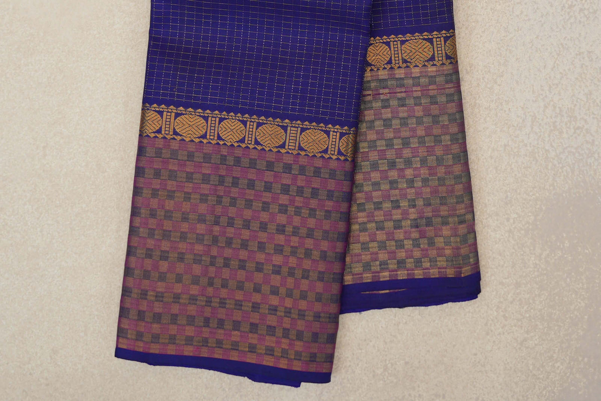 Deep Royal Blue with Small Zari Checks Vintage Kanjivaram Silk Saree border