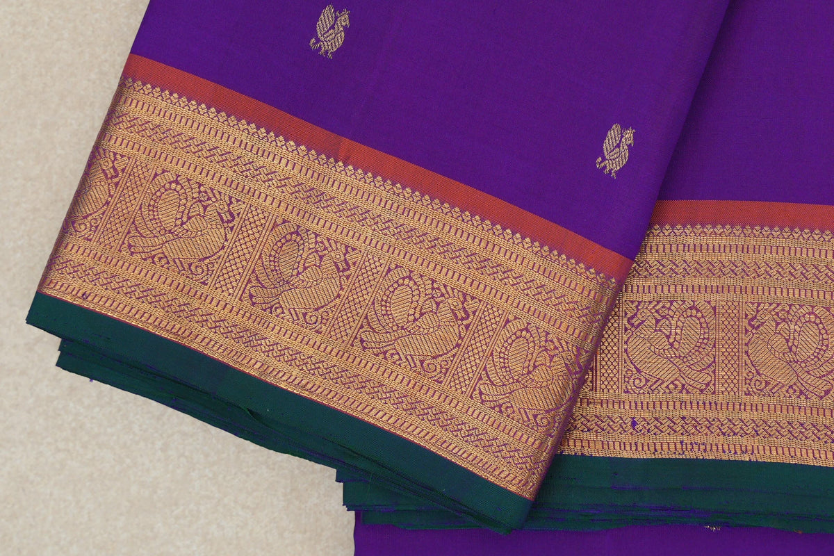 Dark Violet Purple with Deep Orange with Dark Bottle Green Selvedge Borders Vintage Kanjivaram Silk Saree border