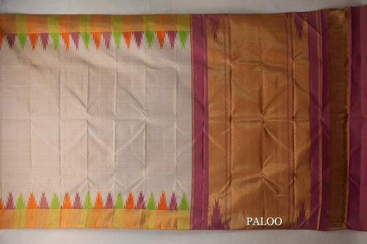 Cream with Multi Color Temple Borders Vintage Kanjivaram Silk Saree paloo