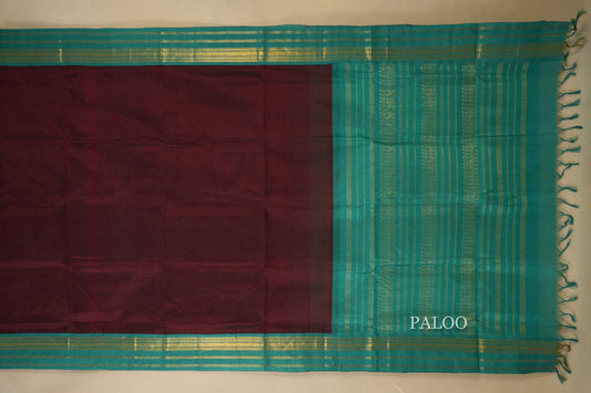 Deep Brown with Rama Blue Borders Silk Cotton Saree Paloo