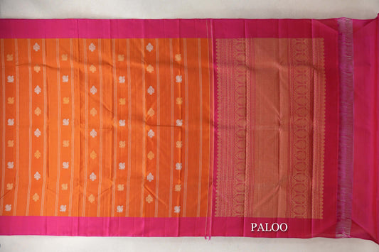 Mango Orange with Bright Pink Borders Vintage Kanjivaram Silk Saree SS10289