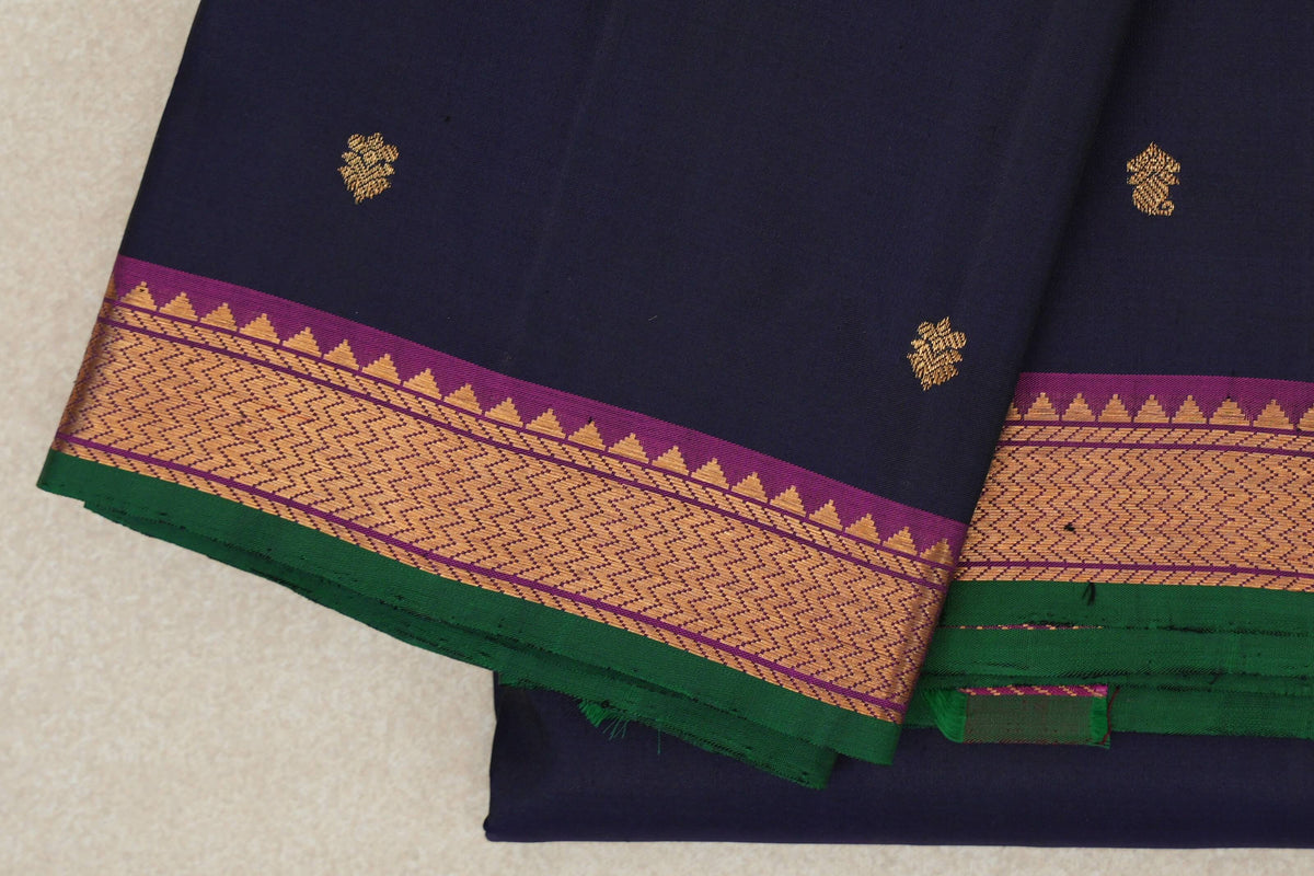 Deep Navy Blue with Deep Magenta with Dark Green Selvedge Borders Vintage Kanjivaram Silk Saree border