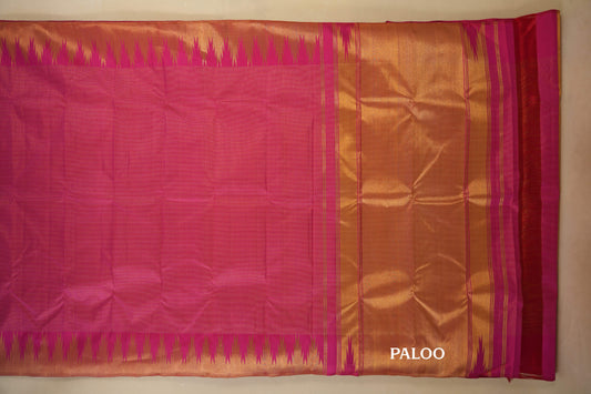 Pink zari checks with Temple Borders Kanjivaram Silk Saree paloo