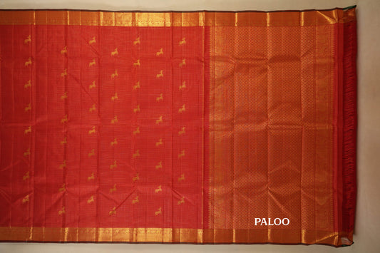 Chilli red zari checks Kanjivaram Silk Saree paloo