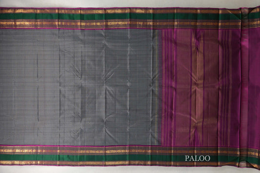 Black with Silver Grey Vintage Kanjivaram Silk Saree paloo